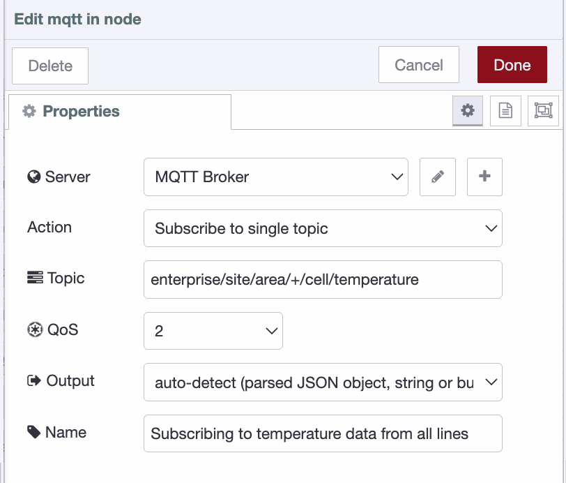 MQTT-in Node Configuration MQTT-in node configuration showing subscription settings with topic field and QoS options