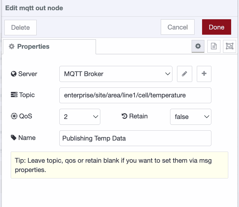 MQTT-out Node Configuration MQTT-out node configuration panel settings
